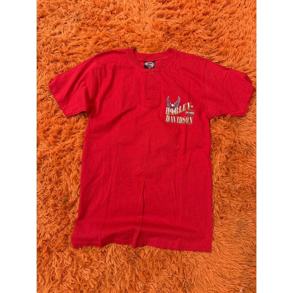Vintage 1990 Harley Davidson Ol McDonald Hog Farm Henley Shirt Red Mens L Single